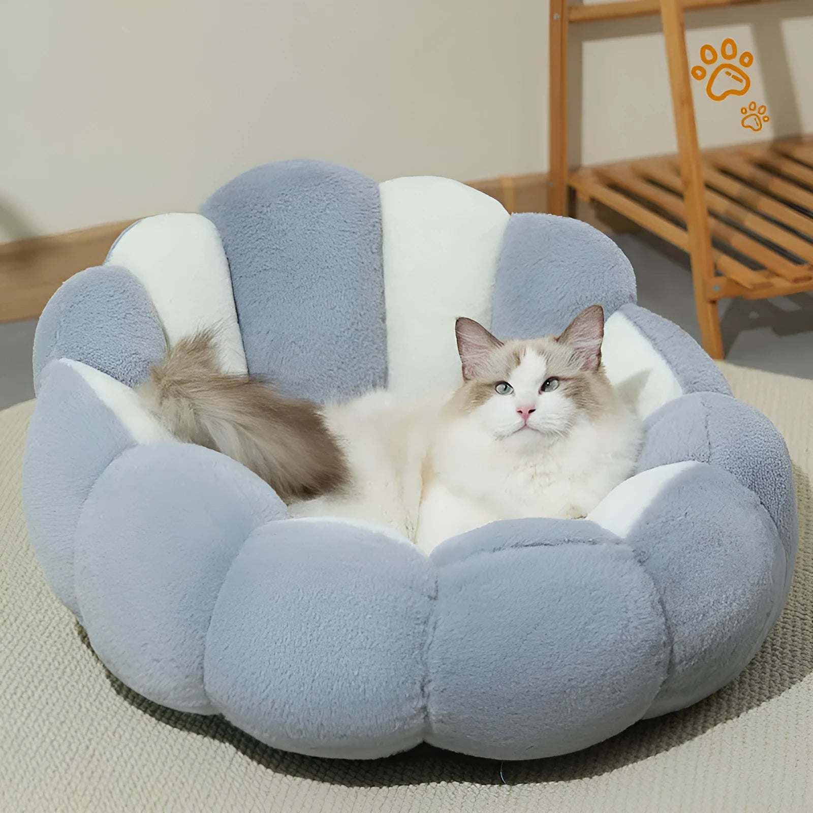 Grey-white shell nest pet bed with rabbit fur lining shown in three sizes for cats and dogs