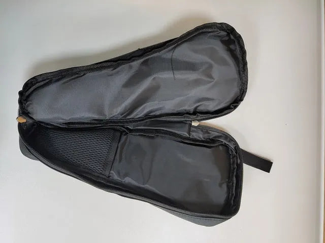 Black cloth padded storage bag for a mobile phone gimbal, shown with an open zip revealing a soft interior and mesh pocket.