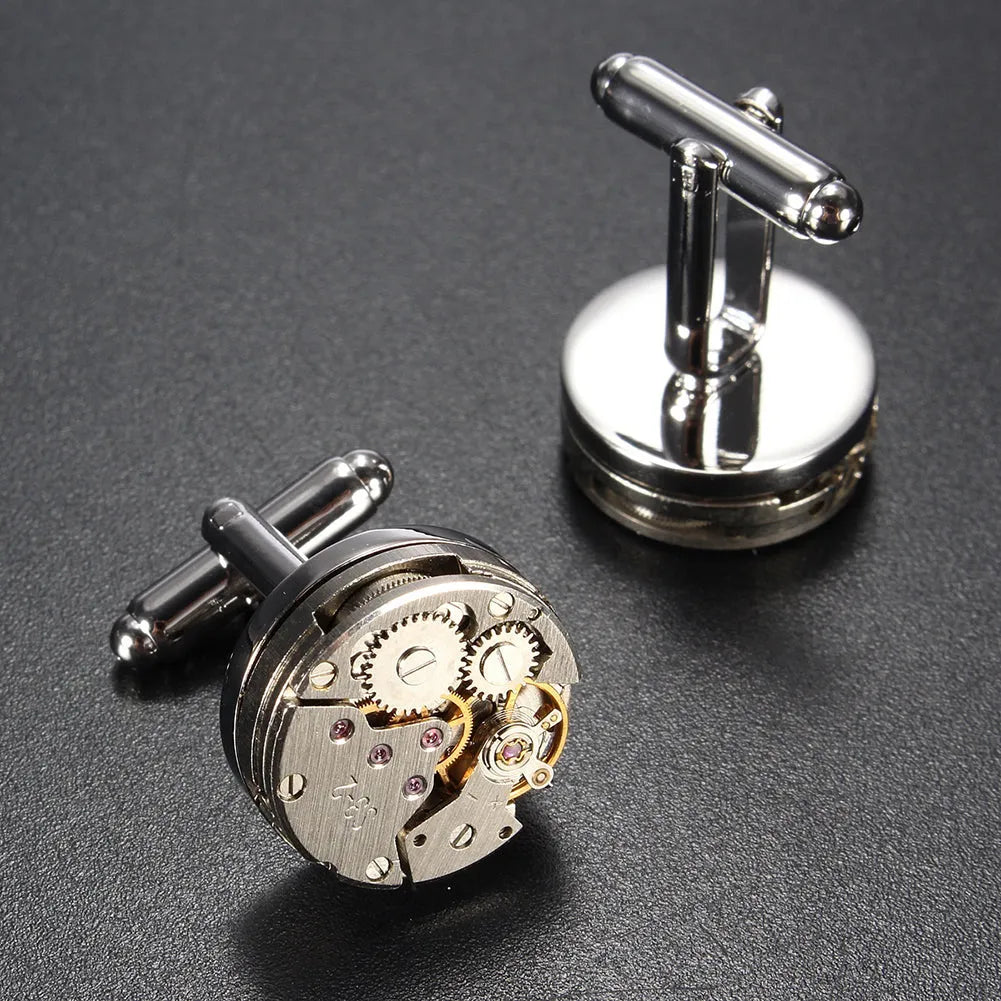 Men's silver mechanical cufflinks with copper case and stainless steel movement, geometric design, on shirt
