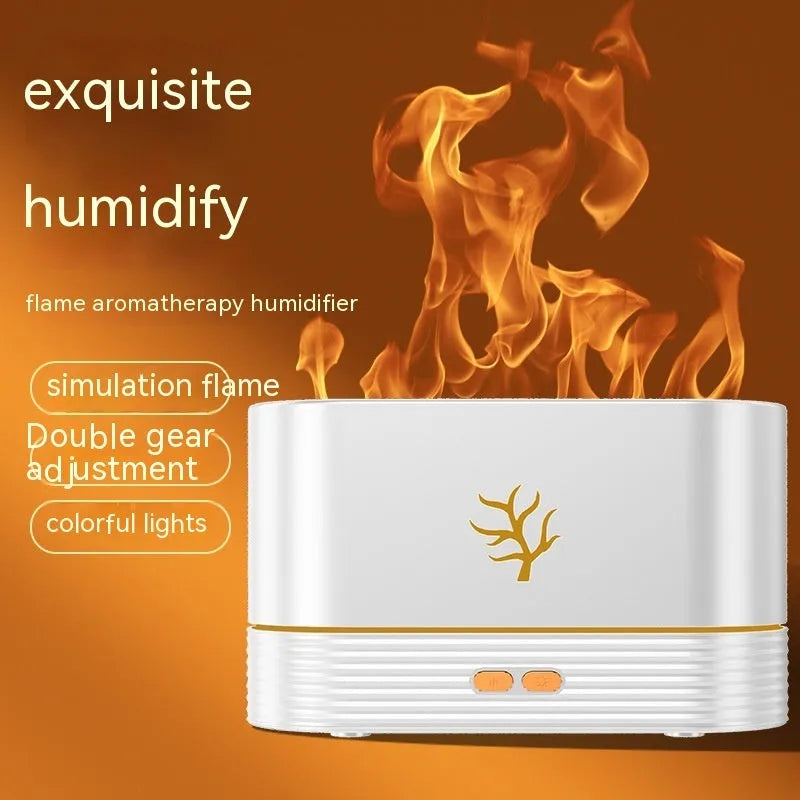 Square black or white USB flame humidifier with LED fire simulation effects and aromatherapy function
