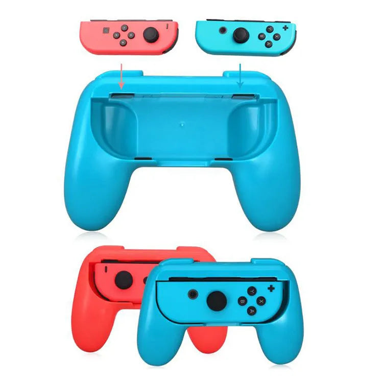 Small ABS Joy-Con grip handles for Nintendo Switch left and right controllers, shown in black and red blue.
