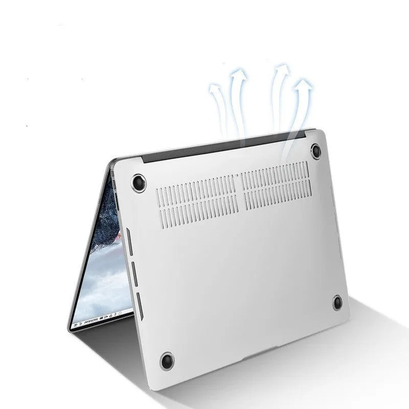 Transparent and black PC hard shell protective cases for Apple MacBook Pro 14.2 and 16.2 inch laptops.