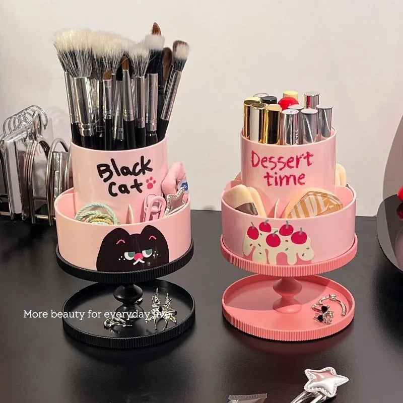 Beige rotating cosmetic brush storage barrel with 18-litre capacity on its storage rack.
