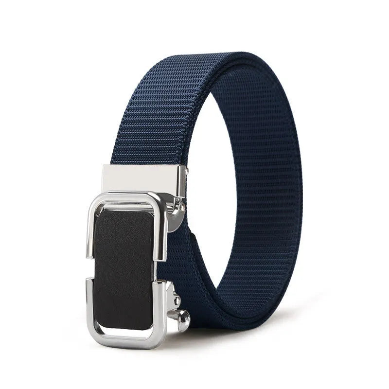 Men's toothless nylon canvas belt with alloy buckle showing adjustment mechanism