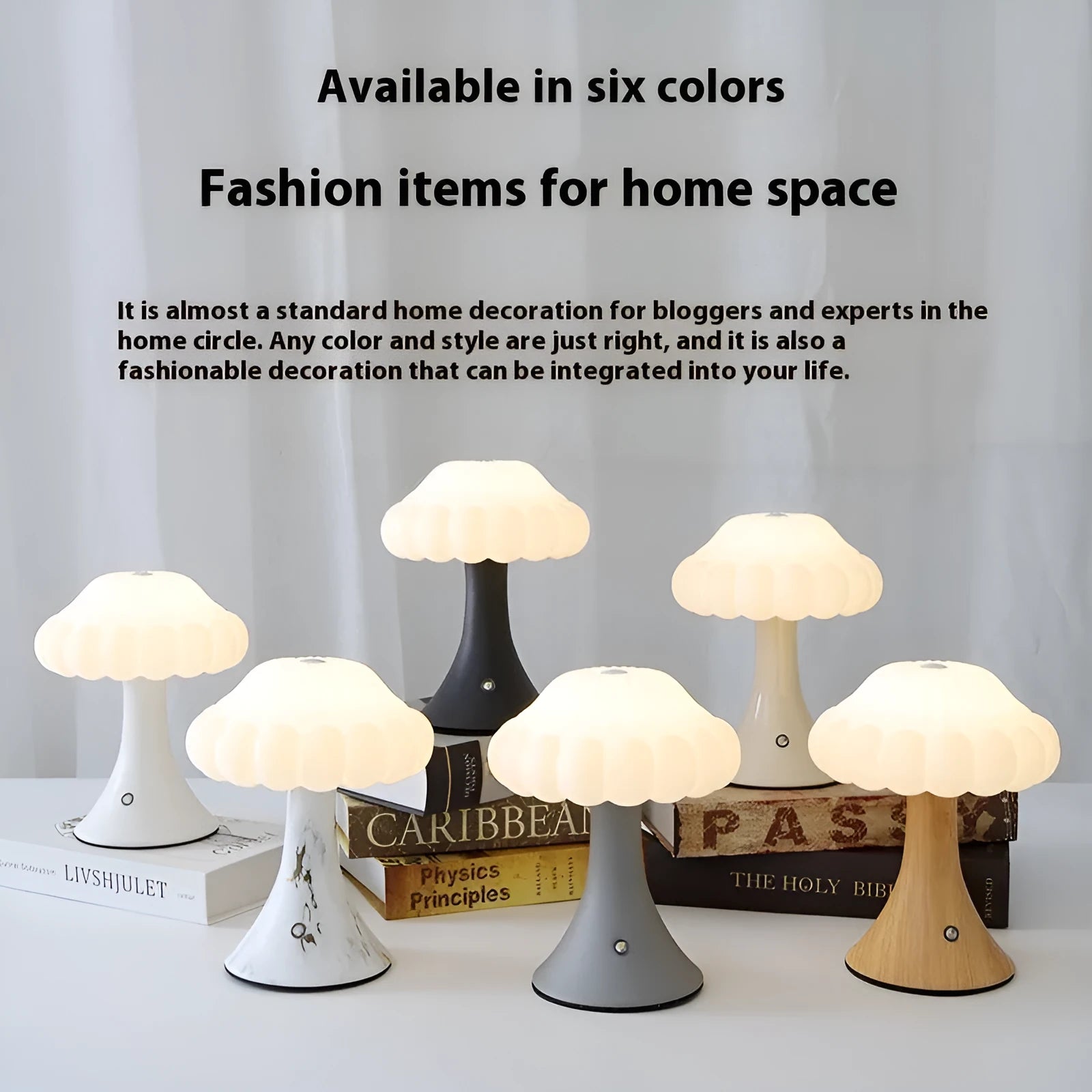 Small decorative mushroom-shaped night lamp in wood grain colour with touch control.