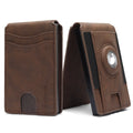 Men's trifold card holder wallet in microfiber, shown in black, dark brown, and light brown colours.
