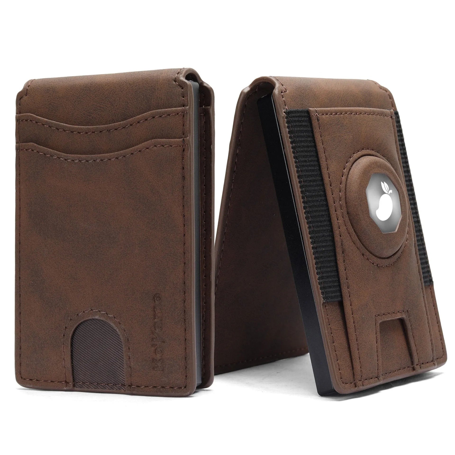 Men's trifold card holder wallet in microfiber, shown in black, dark brown, and light brown colours.