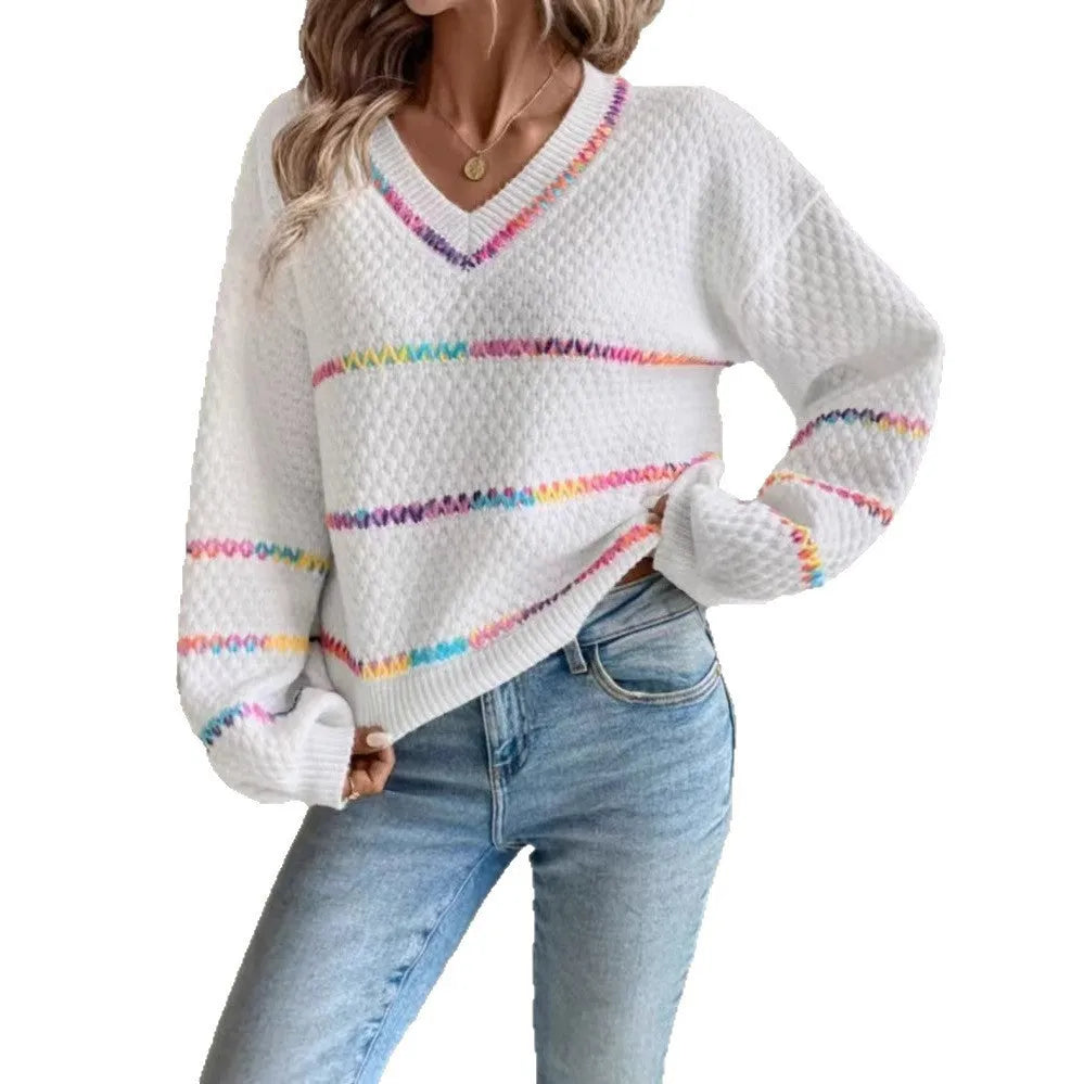 Women's contrast colour V-collar long sleeve loose pullover sweater in white black grey red sizes S-XL
