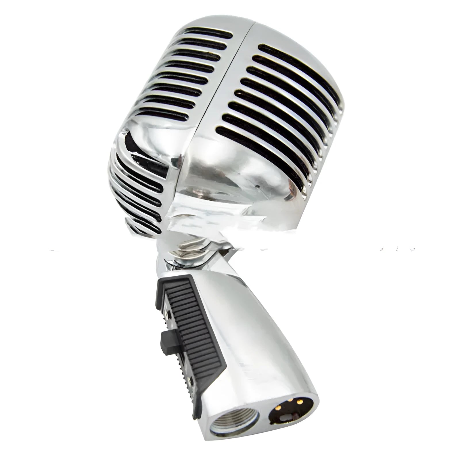 Gold all-metal dynamic handheld microphone on a stand.
