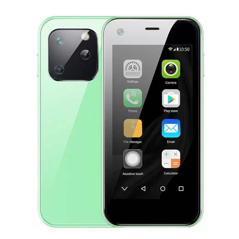 Ultra-small Android smartphone showing compact size next to a credit card for scale