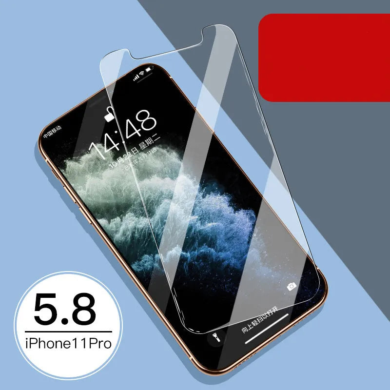 Tempered glass screen and rear protector film for Apple iPhone models on a table.