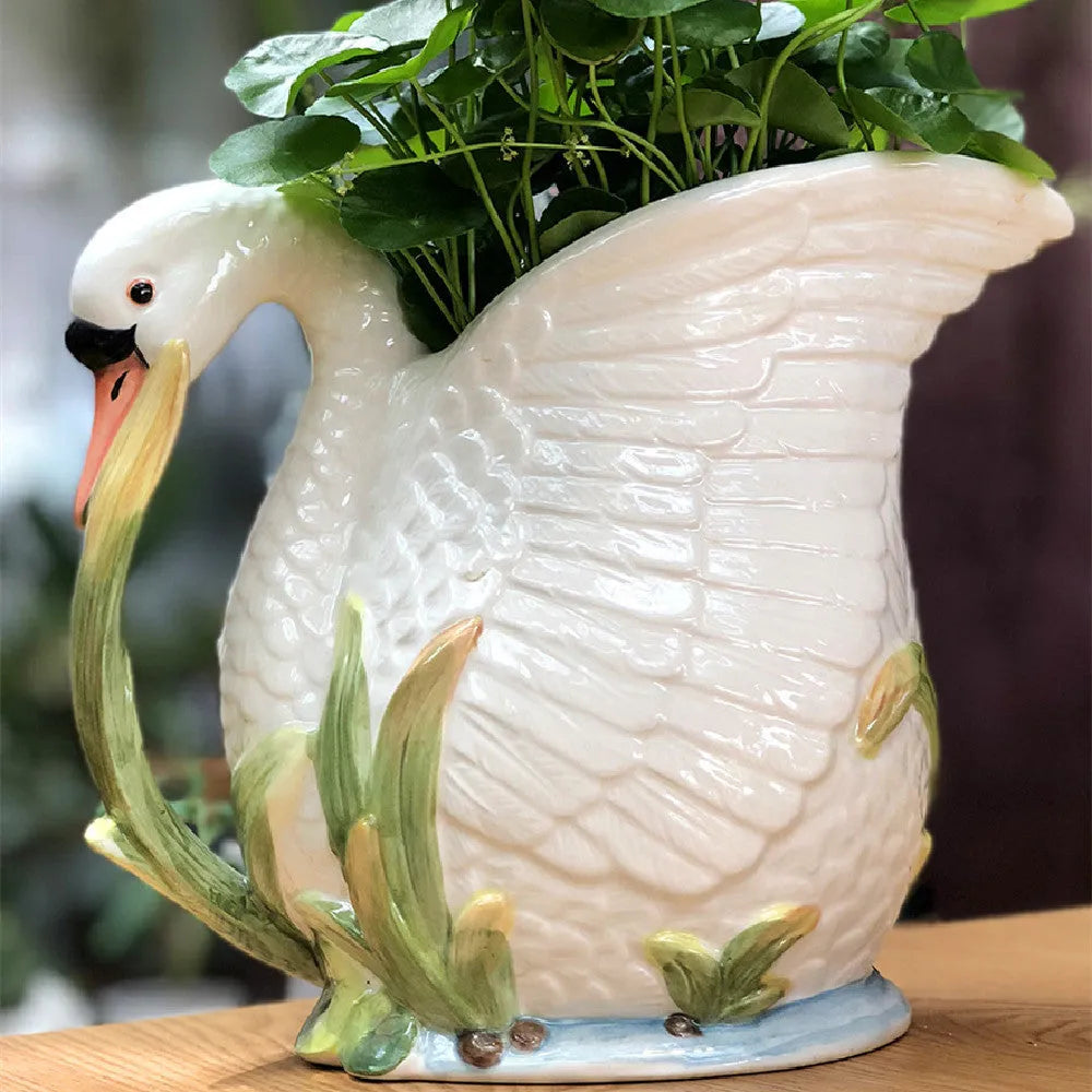 Ceramic swan vase in pastoral style with embossed effect, 24.1 x 15.2 x 20 cm, picture colour, for household decoration