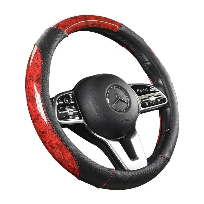 Universal car steering wheel cover in crystal leather-look finish, round or D type, black red colourway