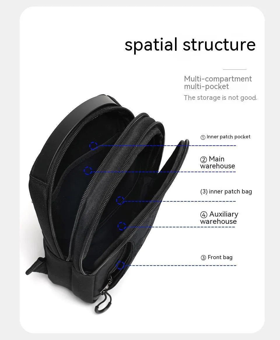 Casual black TPU camouflage chest bag with adjustable strap and front sandwich pocket on a person.