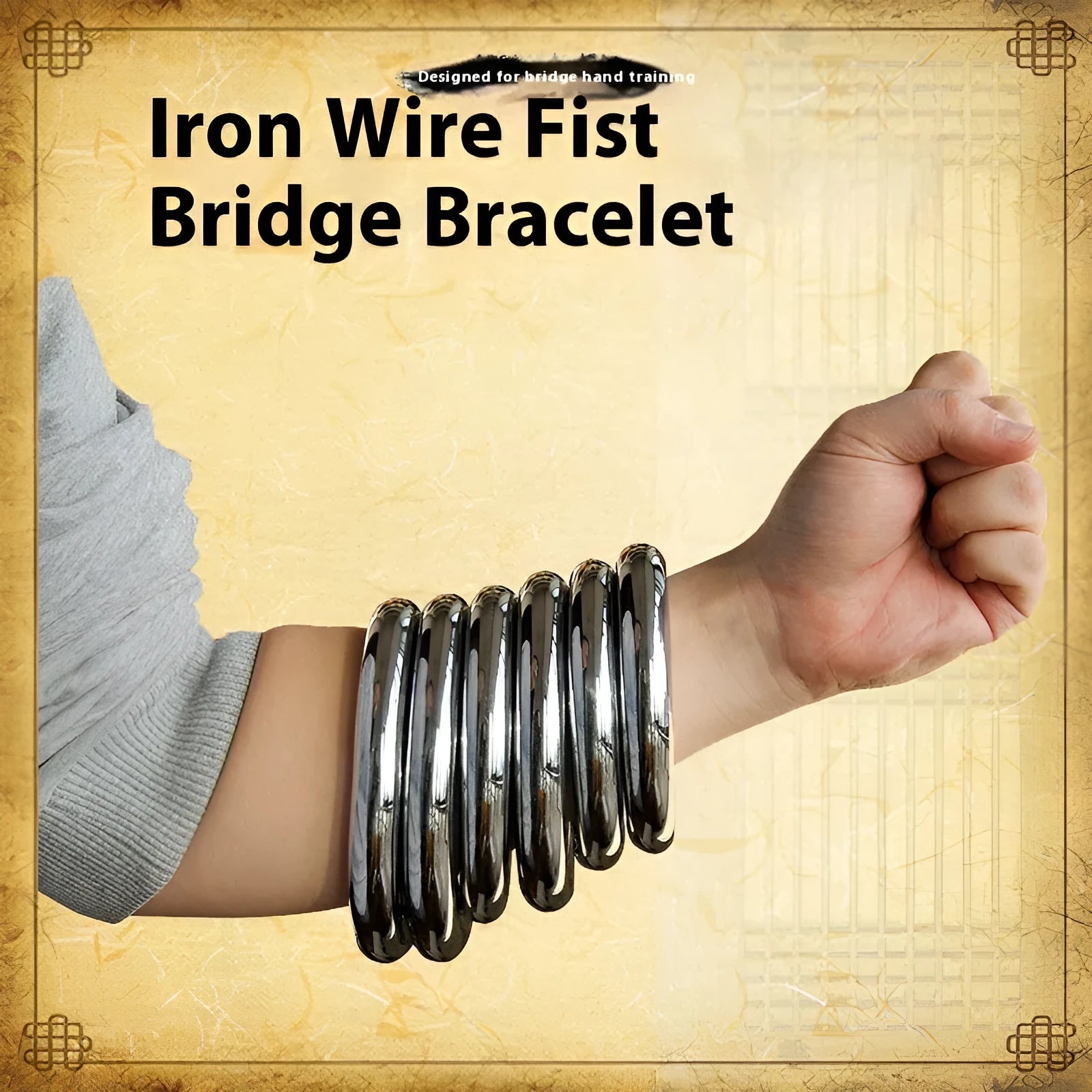 A silver carbon steel ring for Wing Chun iron arm and hand grip strength training.