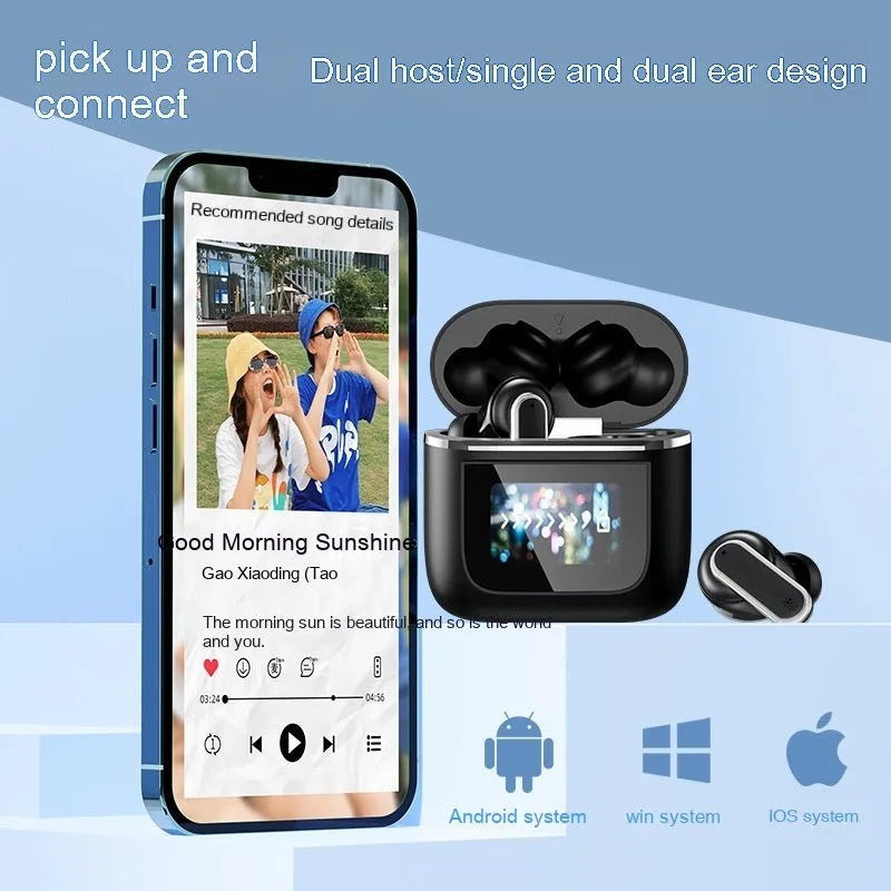 Intelligent Touch Screen Bluetooth Earphones in Black and Gold with ear plug style design