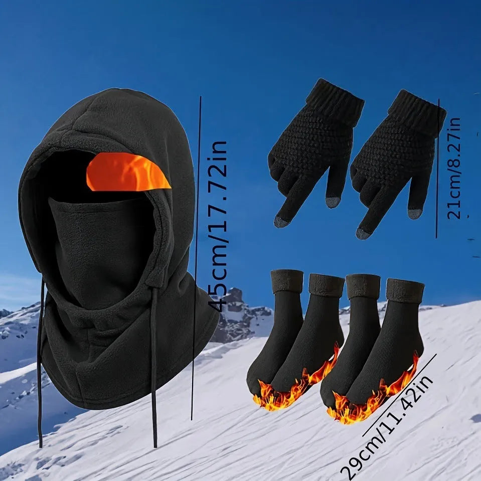 Black polyester winter hat gloves socks set including tapered hat and two pairs of socks