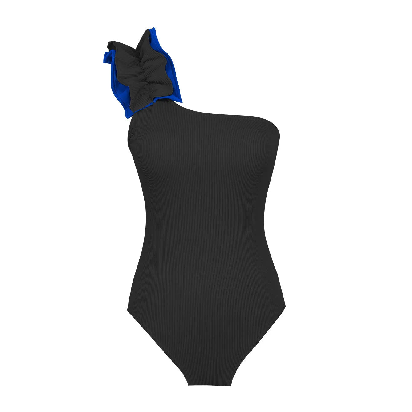 Women's single-shoulder tube top one-piece swimsuit with high waist in solid colour.