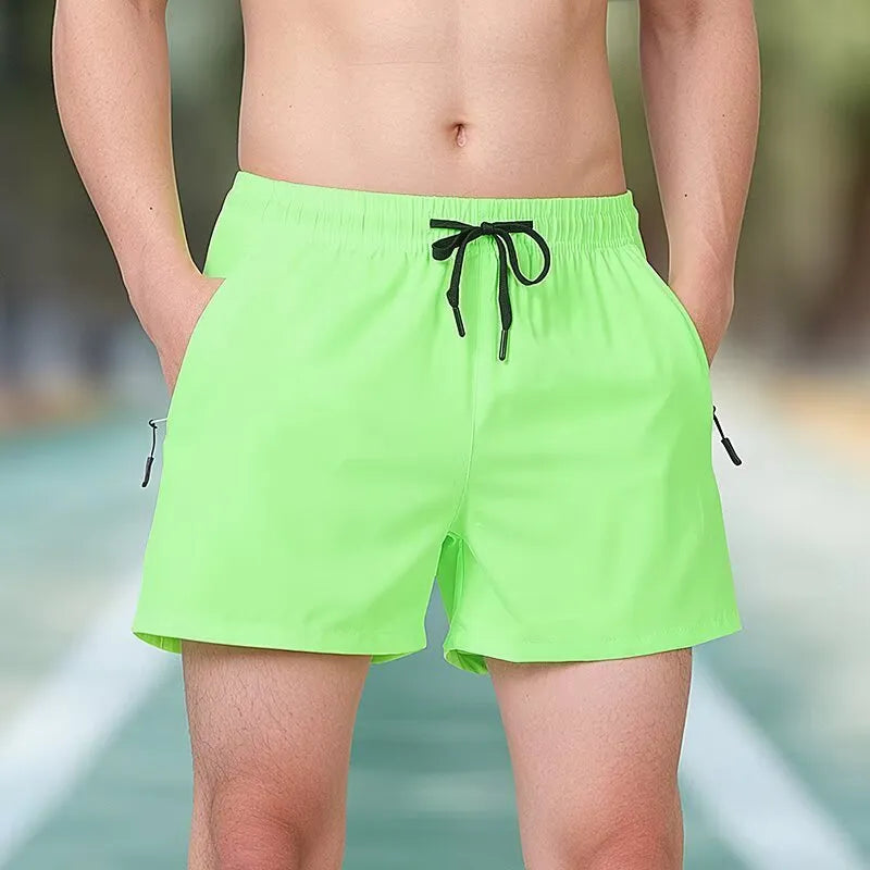 Men's black high-waist polyester fitness training shorts with a drawstring waist.
