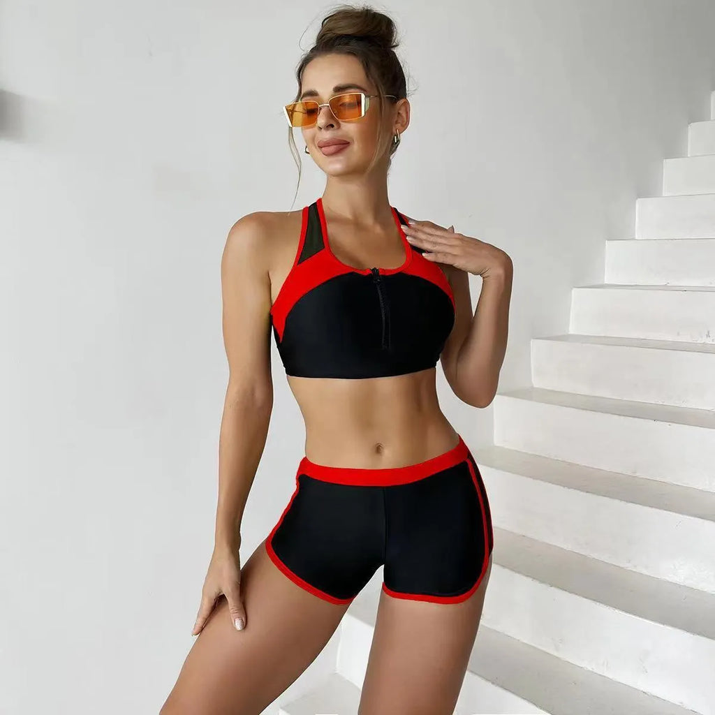 Matching Front Chest Zipper Sports Racing Foreign Trade Swimsuit Women Polyester Briefs Floral Sexy Swimwear Lake Blue Red Sapphire Blue White Yellow S M L XL 2XL