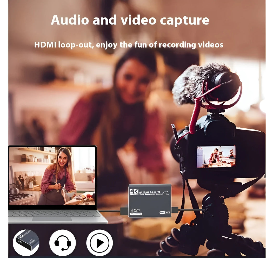 Black 4K HDMI gaming capture box with MS2131 chipset for audio recording