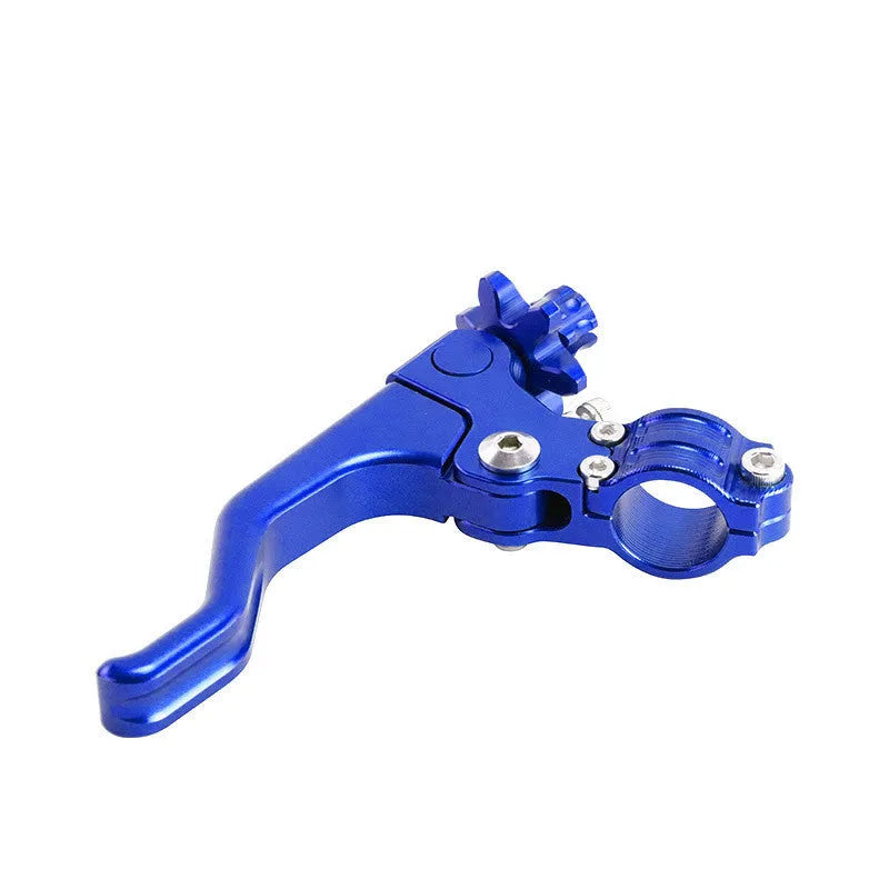 Set of two finger motorcycle clutch levers in aluminium alloy shown in multiple colour options including red, blue, and black.