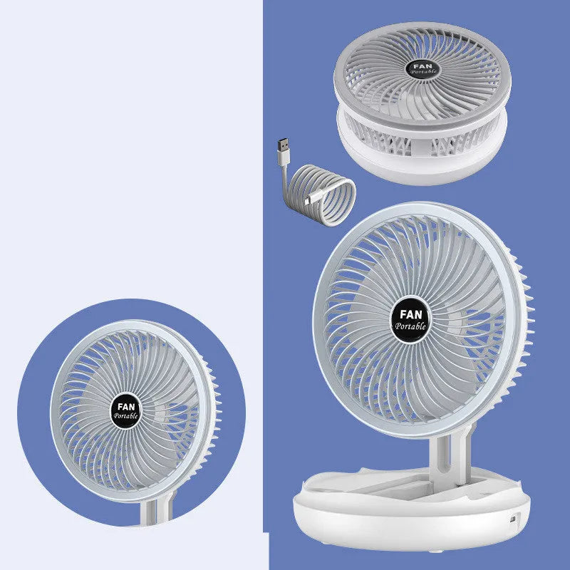 Blue foldable USB table fan with LED light showing wall mounting and desk placement options
