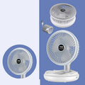 Blue foldable USB table fan with LED light showing wall mounting and desk placement options