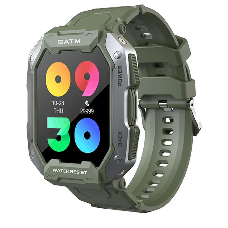 Smartwatch with silicone wristband showing health monitoring functions and Bluetooth call capability