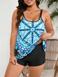 Plus size casual swimsuit in picture colour with sling pattern and conservative briefs style.