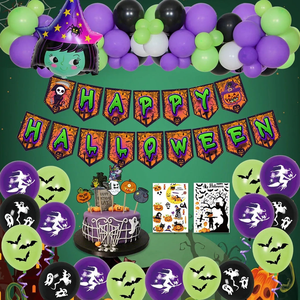 Black and white Halloween balloon arch with spider web, skull, and pumpkin designs