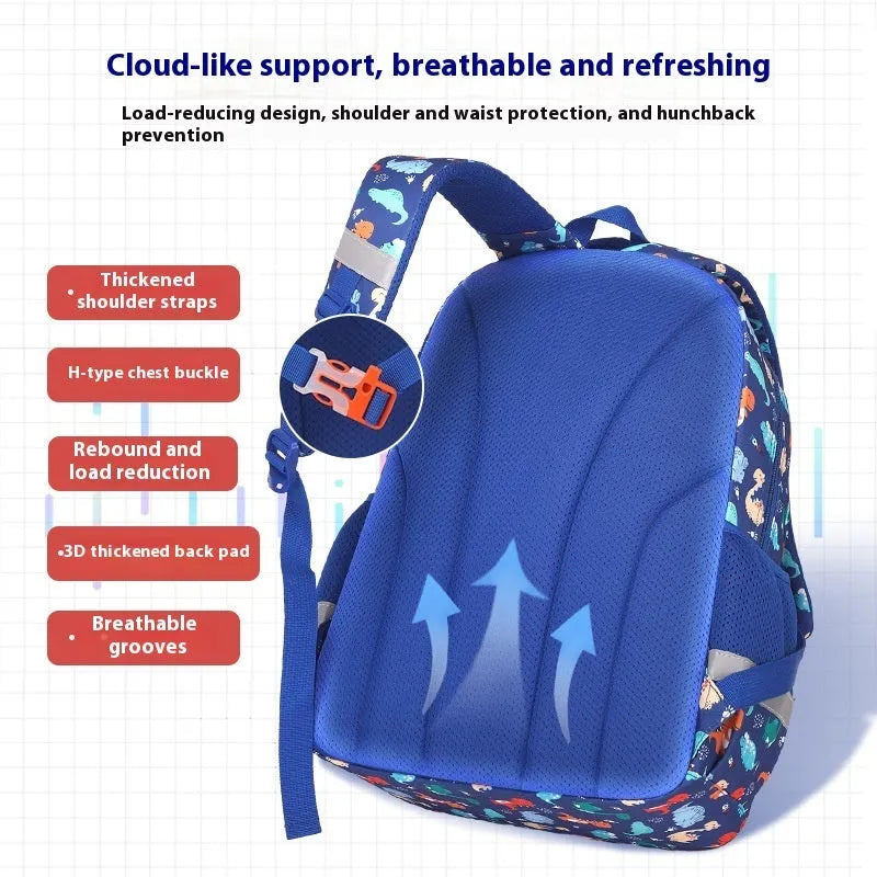 Children's waterproof school backpack in Oxford cloth with dinosaur pattern and curved shoulder straps
