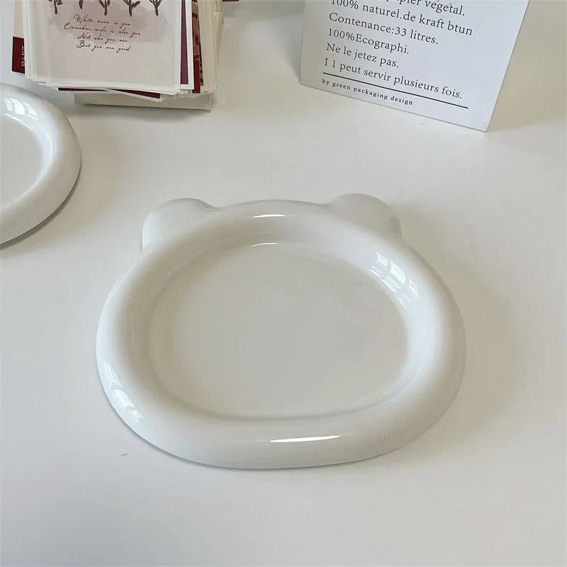 White porcelain plate with bear doodle design, 15cm diameter, microwave safe ceramic tableware