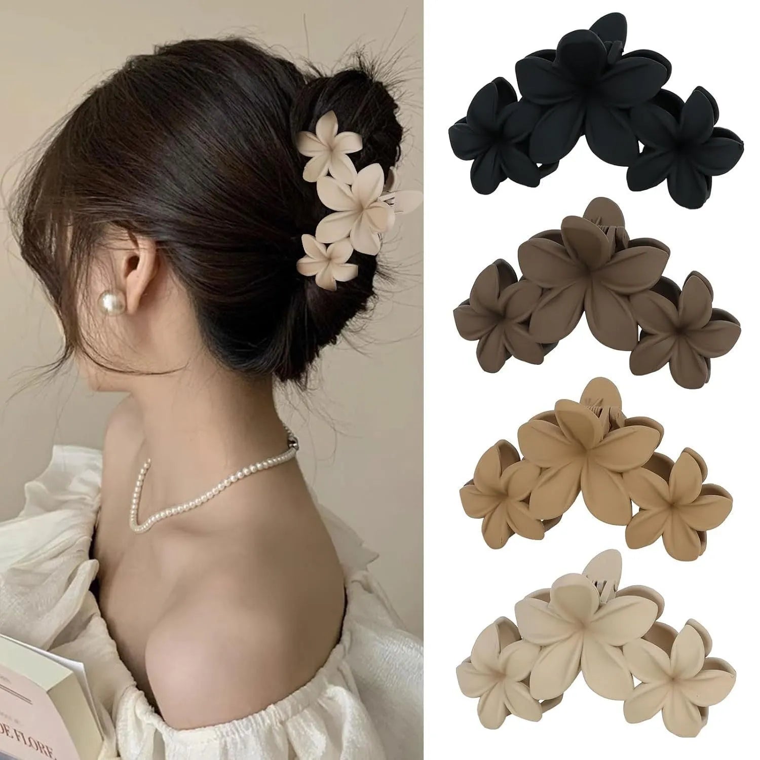 Six plastic hair clips with frosted grip and quadrilateral design in nude colour