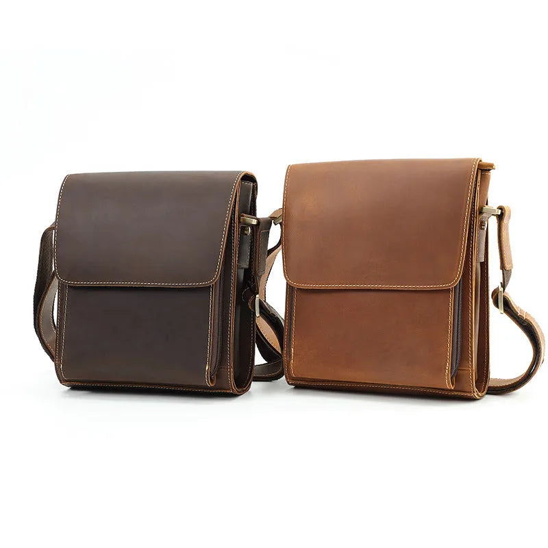 Top layer cowhide leather single-shoulder crossbody bag for men, solid colour Brown 209, retro style