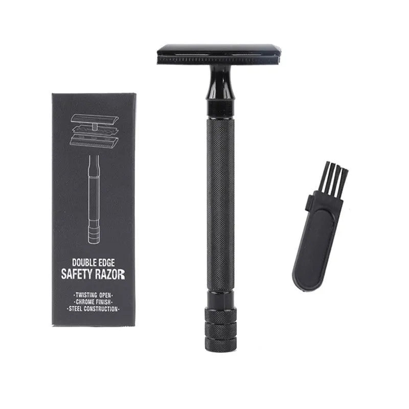 Traditional manual shaving razor scraper with brush combination set in black or silver colour