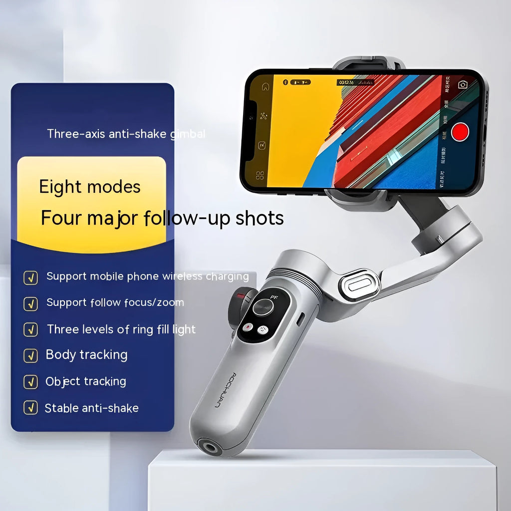 Silver grey Ochan SMART X PRO three-axis smartphone gimbal stabiliser with extended limbs and Bluetooth remote.