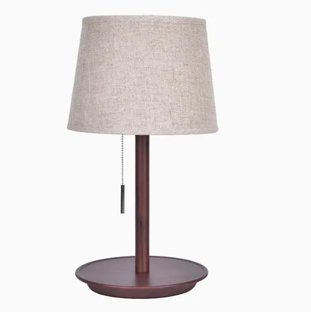 Walnut wood desk lamp with fabric shade and cable switch