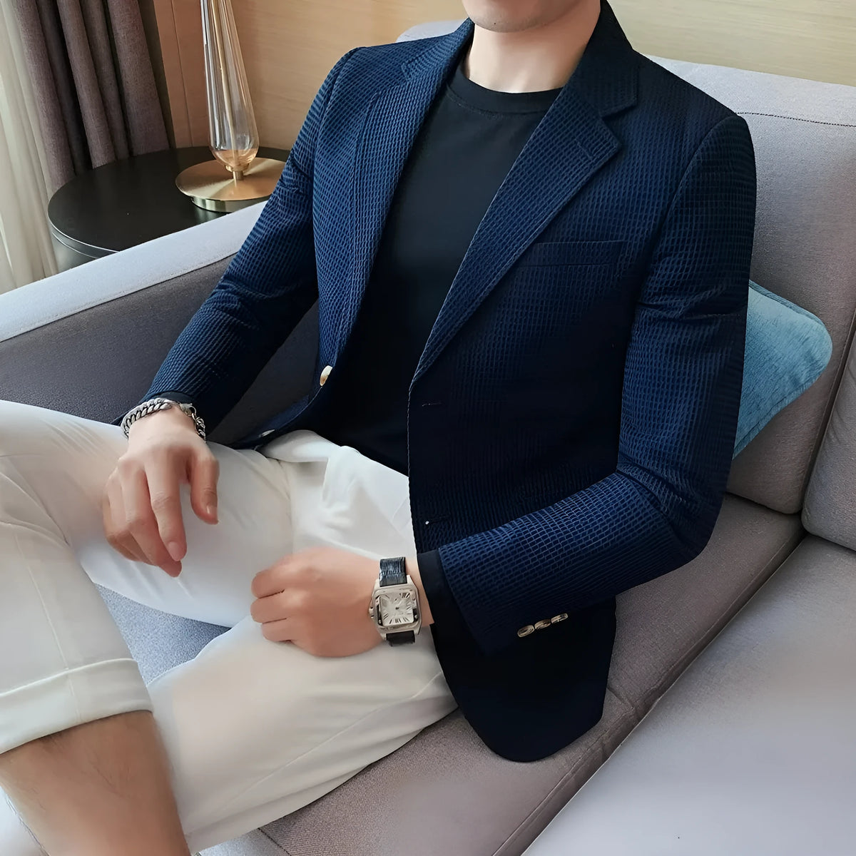 Men's waffle casual suit set with long-sleeve jacket and cropped trousers in brown, white, black, blue or green, sizes M to 3XL.