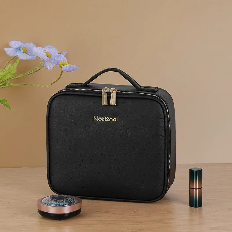 Large-capacity polyurethane leather cosmetics storage bag with LED lamp ring and mirror, 26x23x11cm
