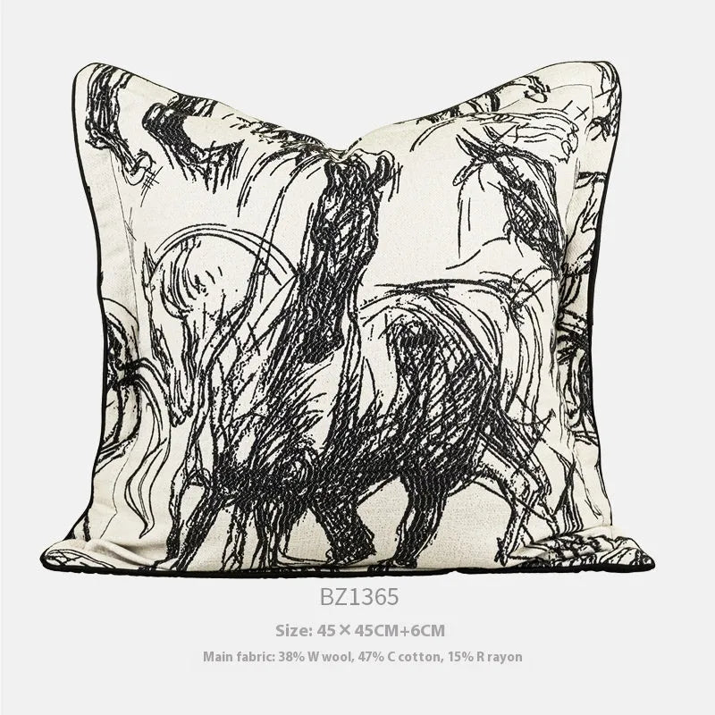 Abstract horse motif jacquard cushion in square and waist sizes with black, gold, and purple colour options