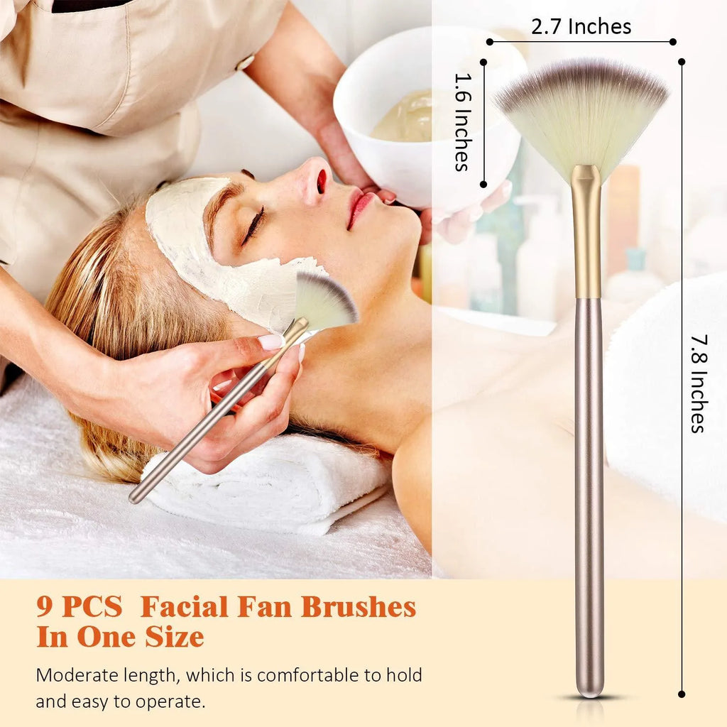 Set of 10 professional facial fan brushes with acrylic handles and protective covers