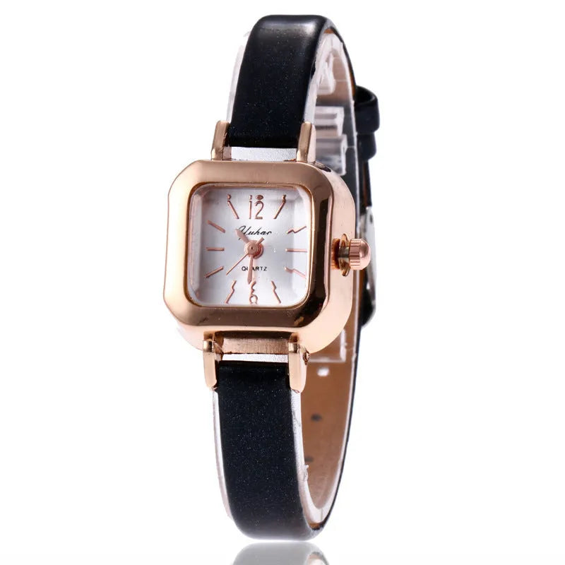 Women's fashion watch with alloy case in 10mm thickness, shown in black, white, pink, and brown colour options.