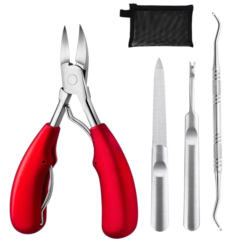 Stainless steel nail clippers and dead skin scissors with red, blue, and black ABS plastic handles