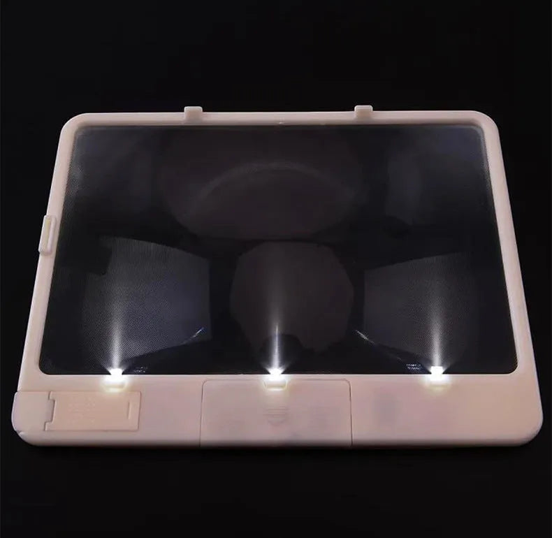 Black illuminated magnifying glass with 3x magnification and LED reading light on white background