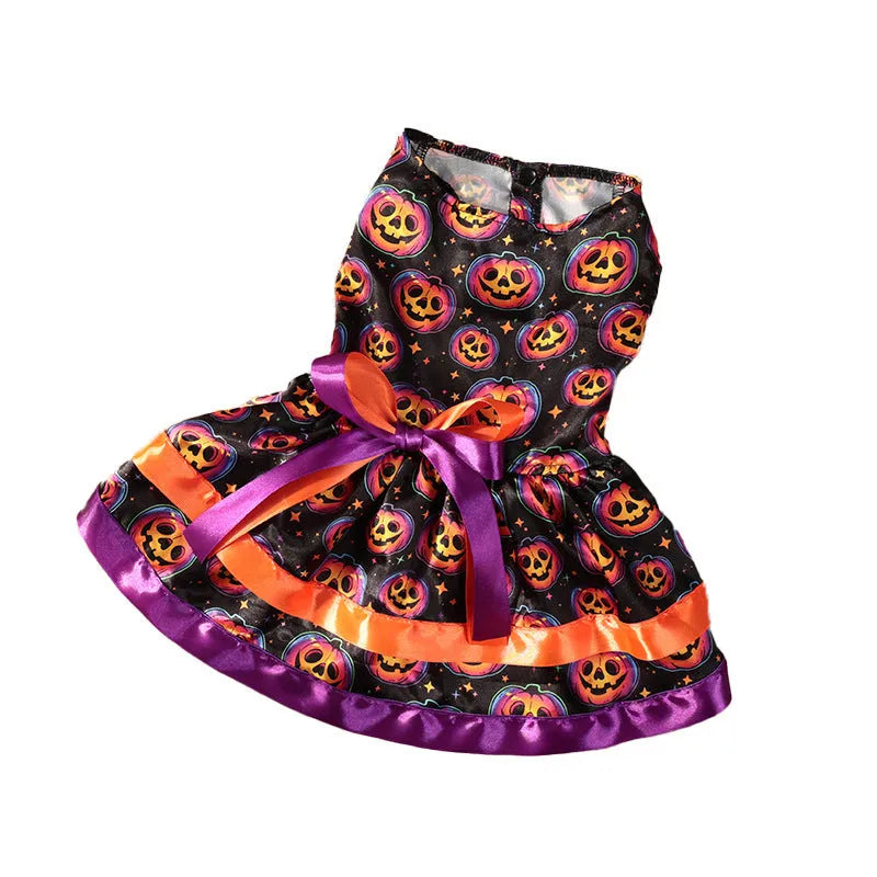 Colourful Halloween dog skirt with pumpkin print on a small dog.