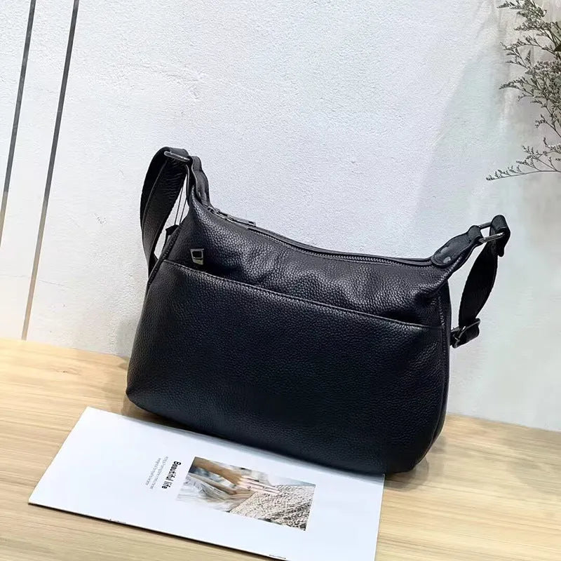 Genuine leather large capacity crossbody shoulder bag in black plaid with horizontal square shape