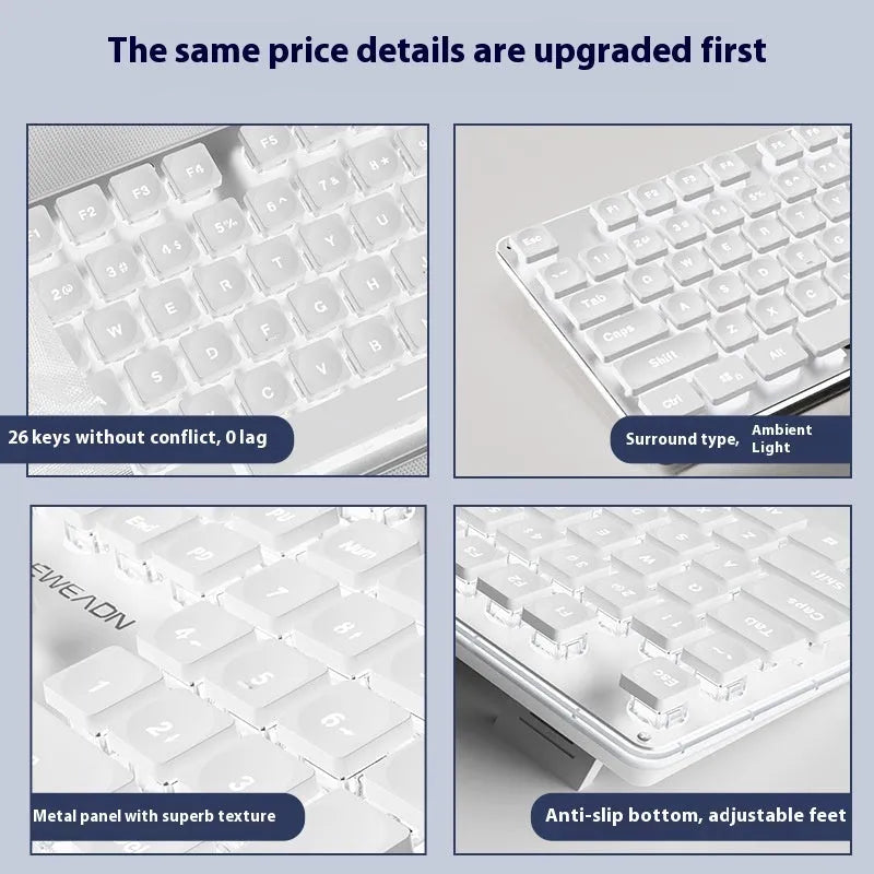 Wired mechanical feeling keyboard with button mute and multiple colour lighting options on desk