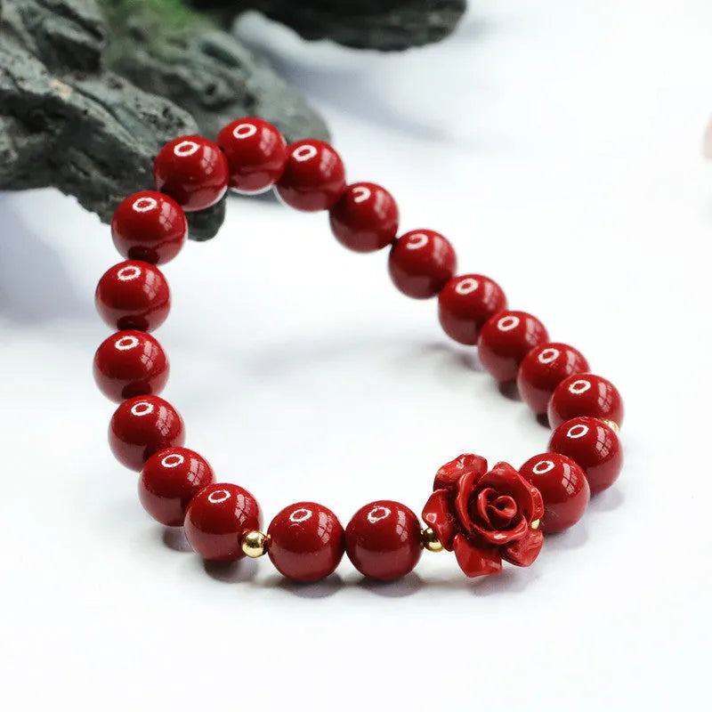 Natural cinnabar bracelet with 8mm purple gold sandstone rose beads and handcrafted design
