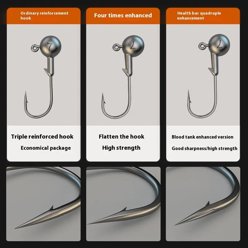 A pack of 50 steel jig fishing hooks in a primary colour, showing different hook point specifications.